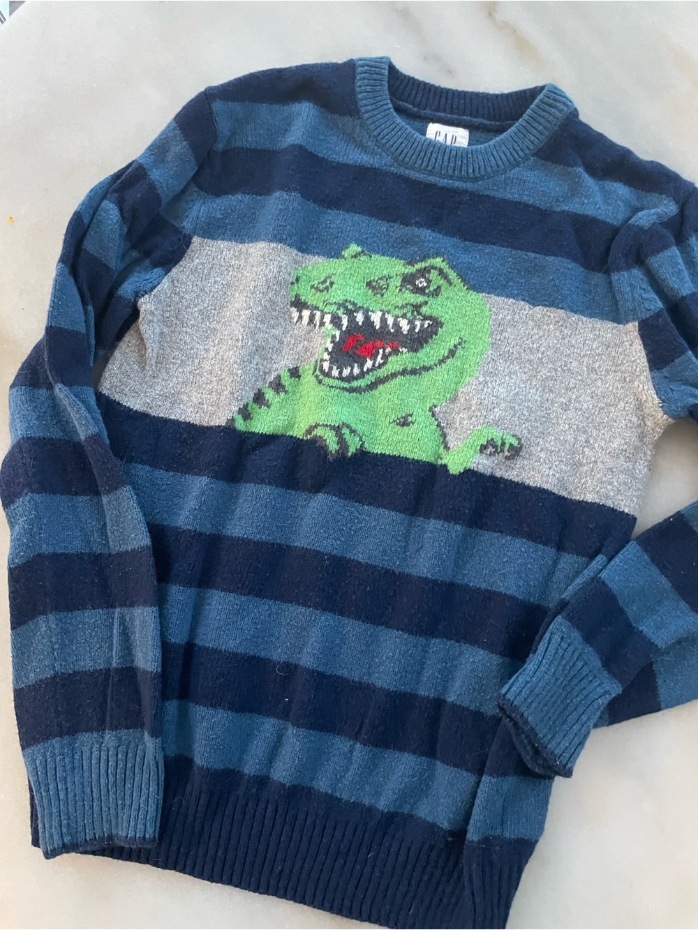 GAP Blue Striped Crewneck Sweater with Green Dino Motif size L